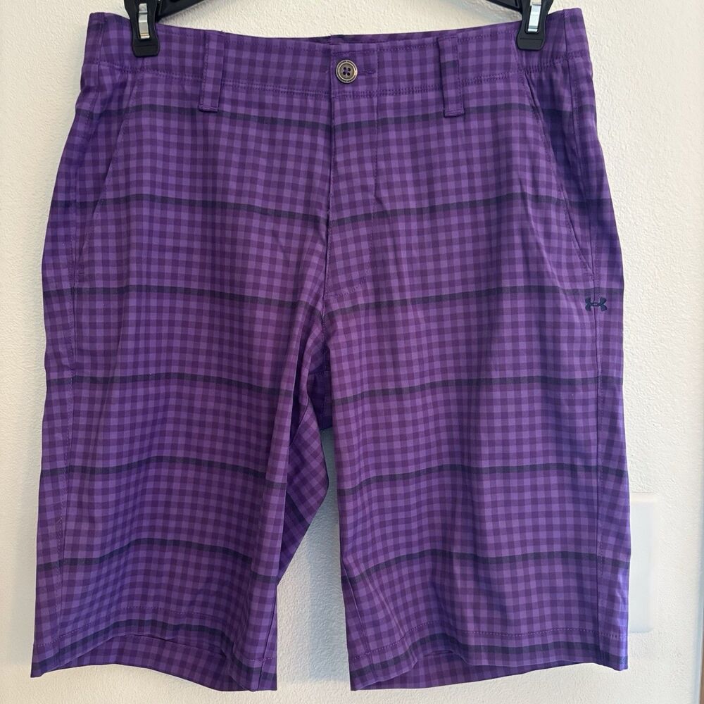 Mens Under Armour Performance Golf Shorts Purple Plaid Waist Grip Sz 32 EUC